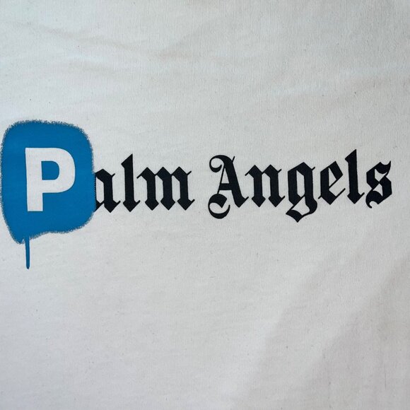 Palm Angels White T-Shirt With Blue & Black Print Short Sleeve Crew Neck Cotton - Picture 4 of 11